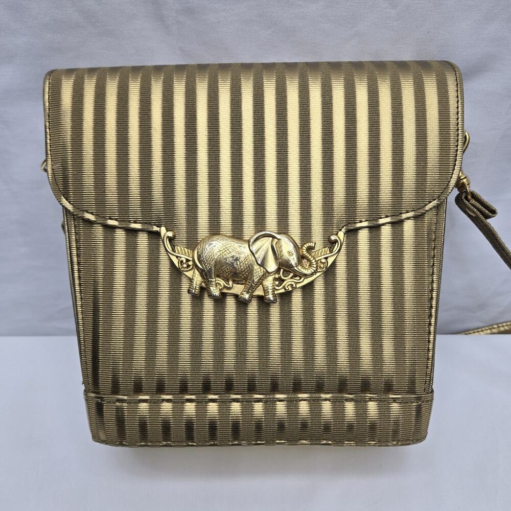 Vintage Gold Striped Crossbody Purse Elephant Emblem
